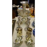 Silverplate - A pair of Georgian style candlesticks; another smaller; a substantial trumpet vase;