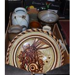 Studio Pottery - a Tek Sing type bowl; commemorative mugs; slipware cheese dome; water jug;