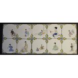 A set of ten Japanese square tiles, each decorated with geisha and child,