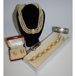 Costume Jewellery - a faux pearl and gilt metal suite comprising bracelet, 3 string necklace,