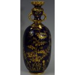 A Royal Crown Derby vase, decorated in gilt on a cobalt blue ground, printed mark,