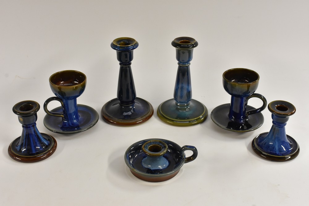 A pair of Bourne Denby Danesby Ware Electric Blue pattern Goblet candlesticks, 12cm,