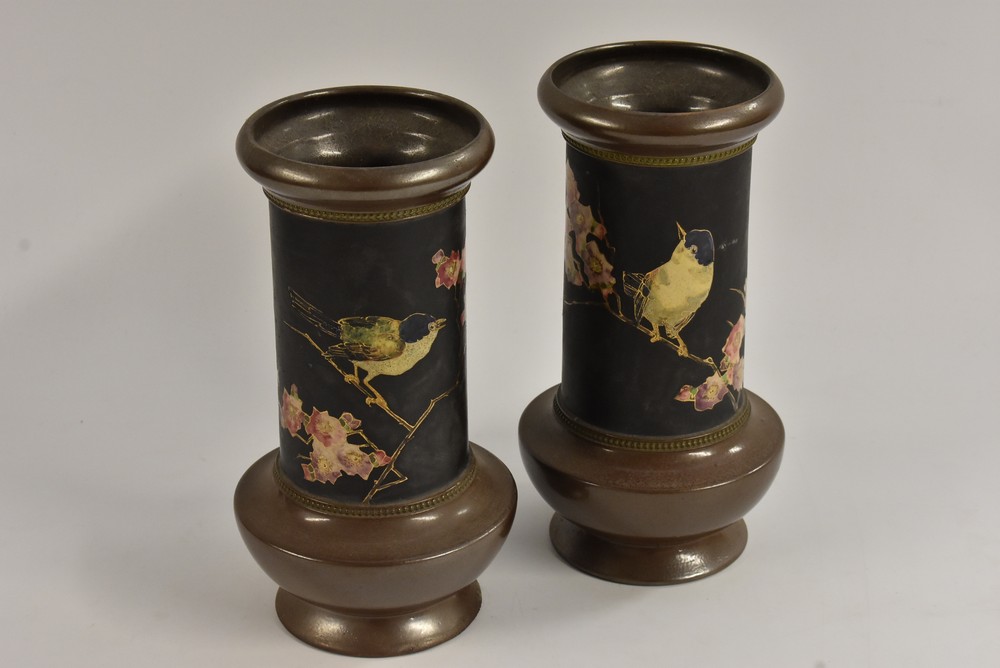 A pair of Bretby Arts and Crafts Cloisonne pattern cylindrical vases,