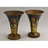 A pair of French Art Deco flared cylindrical bronzed brass vases, signed A.