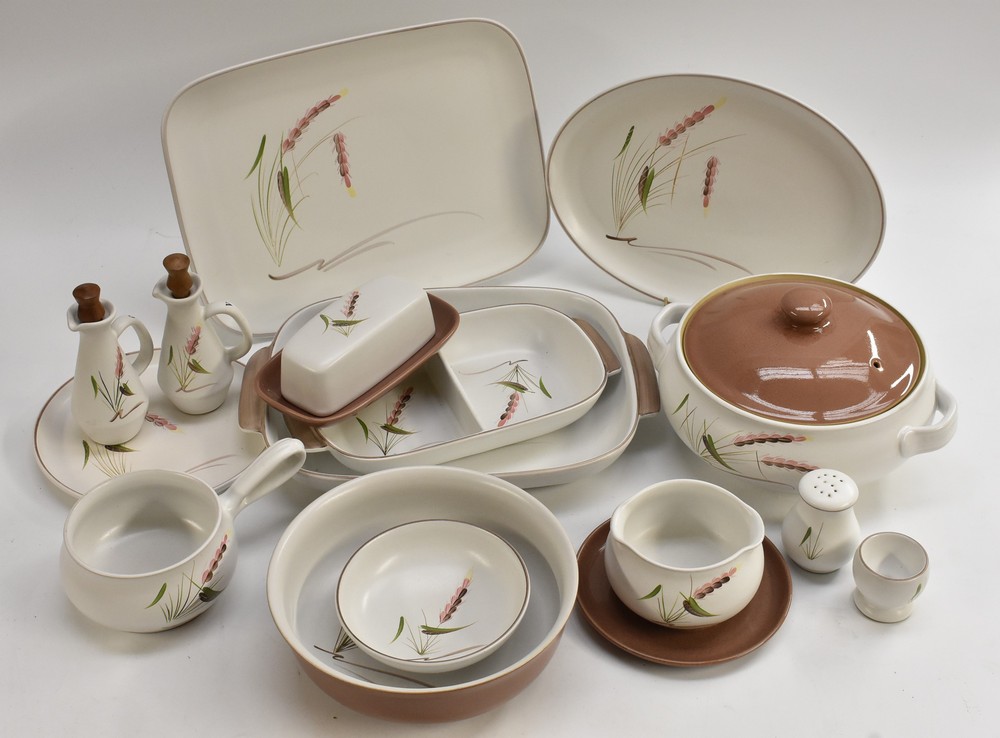 An unusual Denby Pink Wheat dinner service, designed by Albert Colledge, comprising vegetable dish,