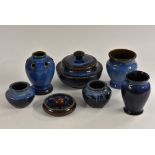 A Bourne Denby Danesby Ware Electric Blue pattern compressed ovoid Aladdin tobacco jar and cover,