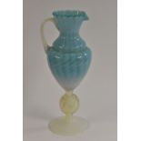 A Murano glass ewer, cameo knop, in blue and opaque white,