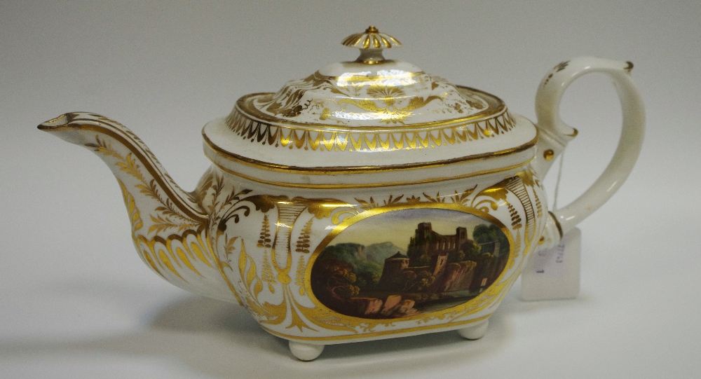 A Derby Named View boat shaped teapot and cover, painted possibly by Daniel Lucas,