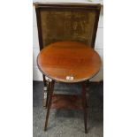 A Victorian mahogany adjustable fire screen; an Edwardian occasional table, circular top,