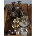 Silver plate - a Viners Alpha Plate chased cigarette box; a three branch candelabra;