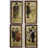A set of four Man & Co tile panels, Gamekeeper, Street musicians, Victorian News Vendors,