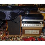 Hitachi 311 record player and speakers; three classical guitars;
