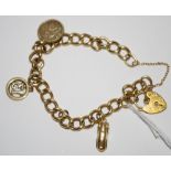 A 9ct gold charm bracelet, three charms, padlock clasp, 11.