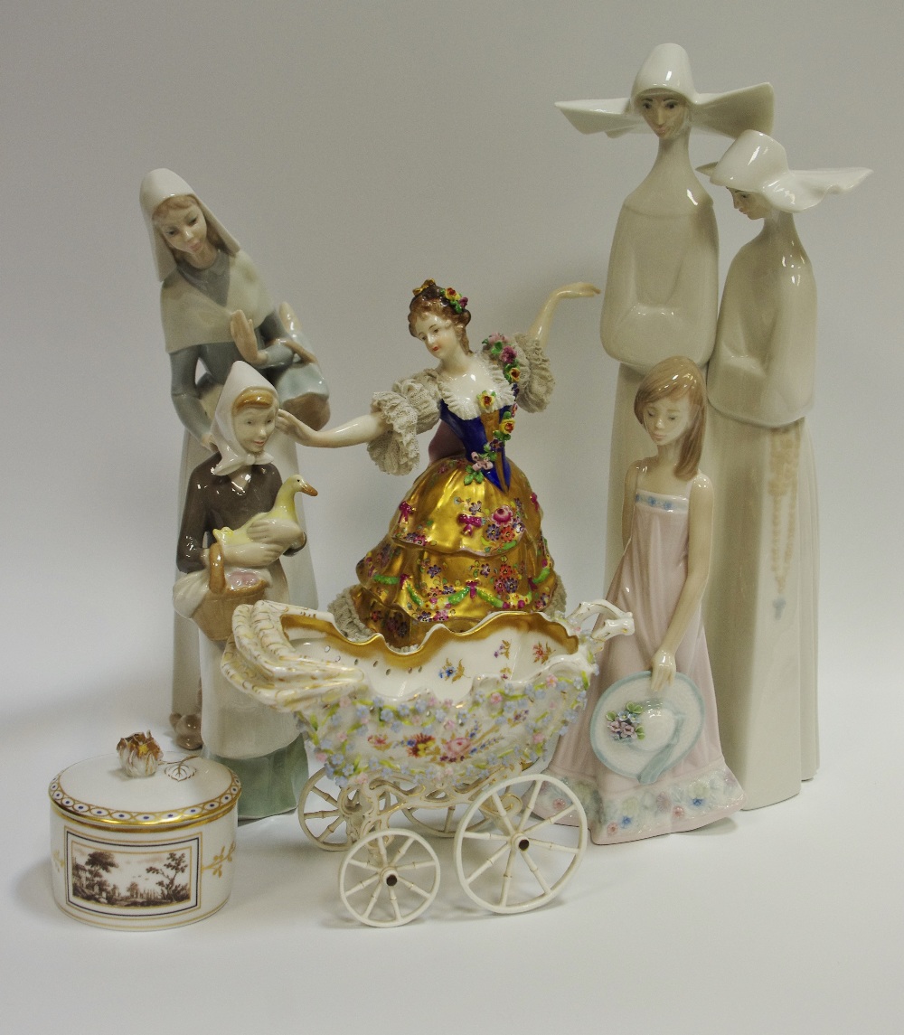 Decorative ceramics - a Lladro figure of a young girl and bonnet; others including 2 nuns,