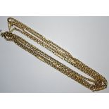 A 9ct gold guard/muff chain, belcher link, interspersed with bark textured elongated links 37.