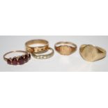 Jewellery - Rings, a 9ct gold five stone garnet line ring, others signet ring, eternity ring etc, 9.