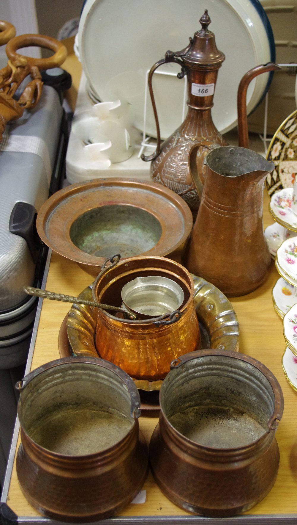 Metalware - Eastern copper ewer; swing handle buckets; plates;