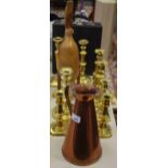 Copper and brassware, candlesticks, jug,