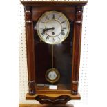 A mahogany wall 3 hole pendulum clock, Roman numerals, white dial,