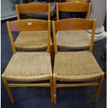 Four Swedish design rope seated dining chairs.