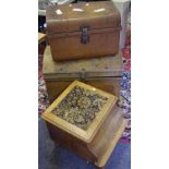 A Victorian mahogany commode with chamber pot and cover; a domed metal travel trunk;