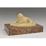 French School (19th century), an alabaster carving, of a recumbent dog, rectangular granite base,