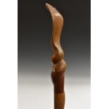 An Indian two-tone hardwood walking stick, carved as a cobra, twisted shaft, 102cm long, c.