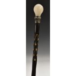 A gentleman's white onyx and silver mounted walking stick, sprally fluted Anglo-Indian ebony shaft,