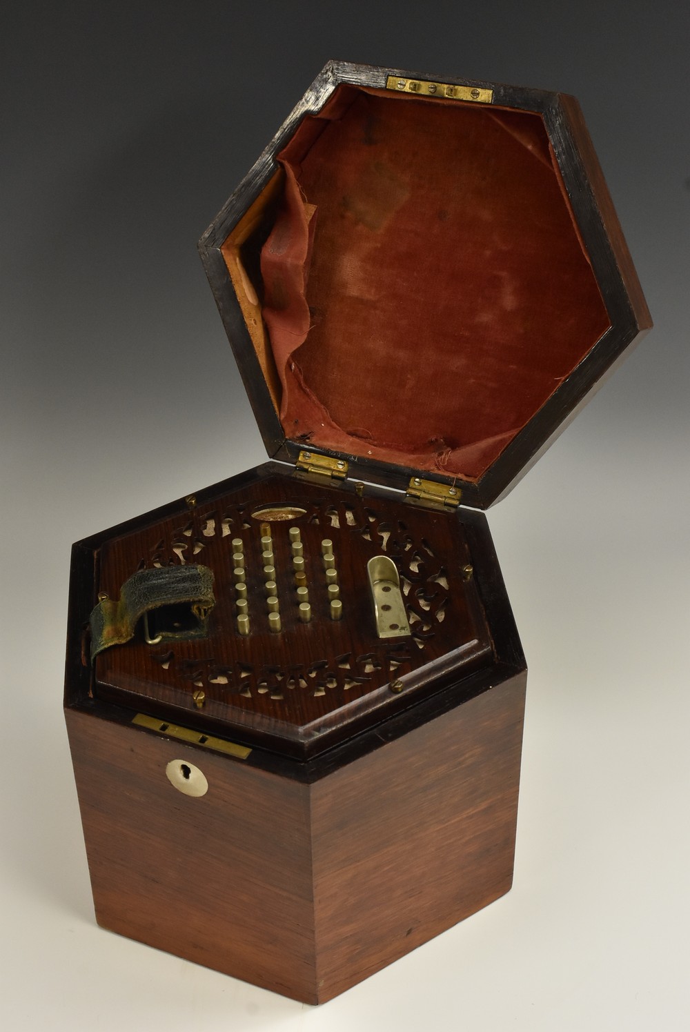 A 19th century rosewood concertina, by C Wheatstone, London, forty-eight keys,