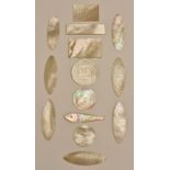 A small collection of Chinese mother of pearl gaming counters, various shapes and designs,