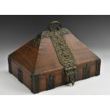 A 19th century Indian brass mounted hardwood dowry box, hinged cover with swan neck handle,