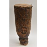 Tribal Art - a Chokwe drum, hide skin, the side incise carved with a mask and geometric motifs,