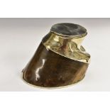 A large Victorian horse hoof table snuff box, hinged cover, silver plated mounts and shoe,
