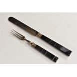 An early 19th century specimen banded agate and silver-coloured metal knife and fork,