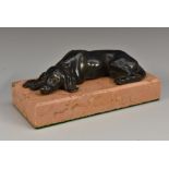 A 19th century bronze desk weight, cast as a dog, rectangular rose marble base,