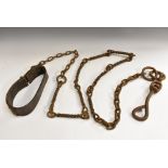 A substantial 19th century leather collar and wrought iron animal chain, by D.