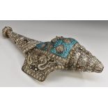 A Tibetan silver mounted conch shell summons, inlaid with turquoise and collect set with cabachons,