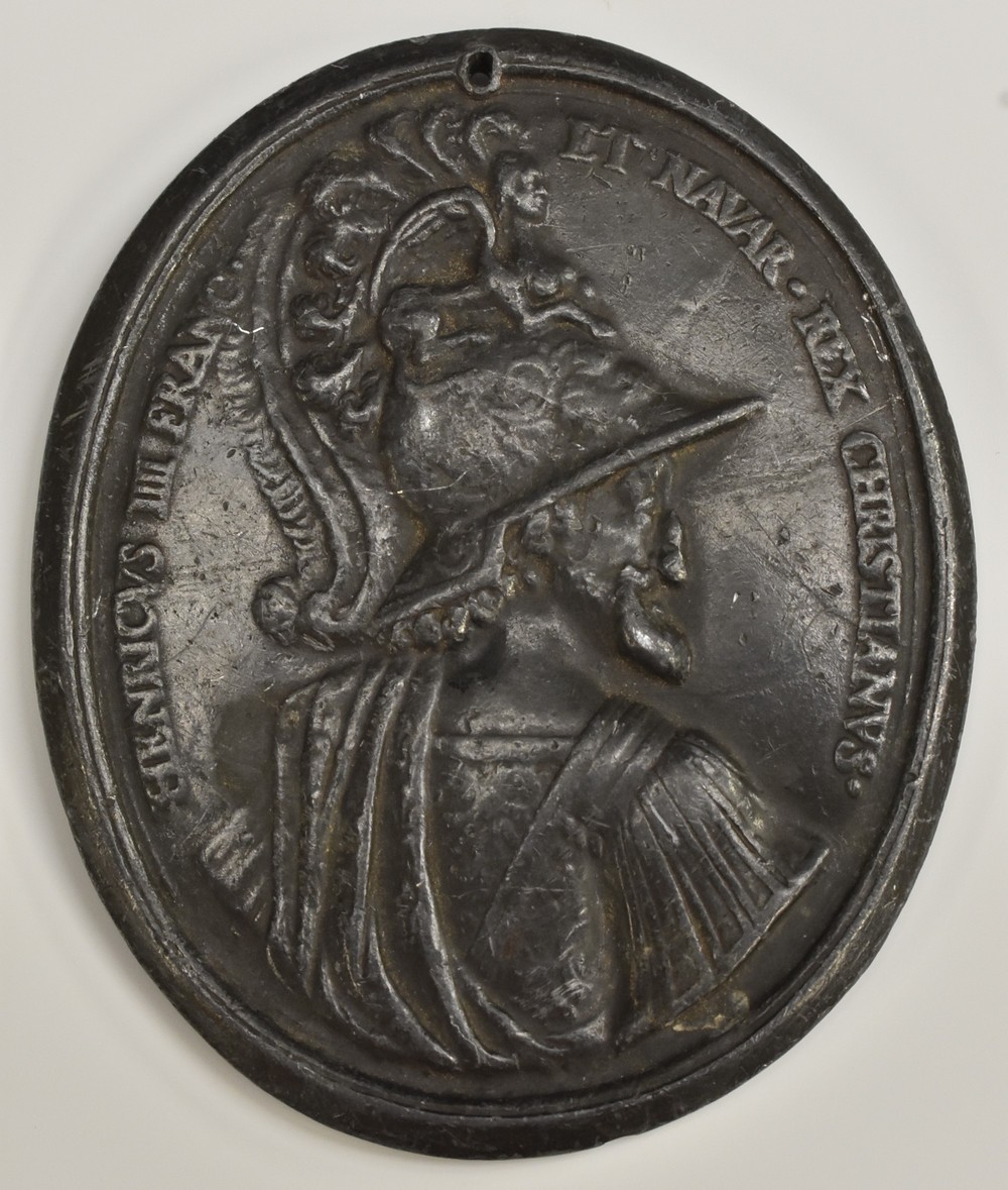 A 19th century lead oval medallion, in relief with a portrait of Henri III,