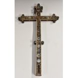 An Indo-Portuguese hardwood and mother of pearl marquetry cross, inlaid with roundels and lozenges,