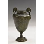 A 19th century Grand Tour verdigris patinated bronze vase, cast after and antique volute krater,
