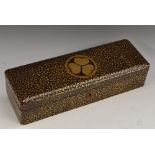 A Japanese lacquer rounded rectangular box, decorated overall in gilt with scrolling leafy stems,