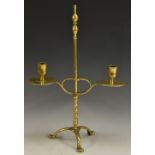 An 18th century adjustable brass tripod candlestick, quite plain, cylindrical sconces,