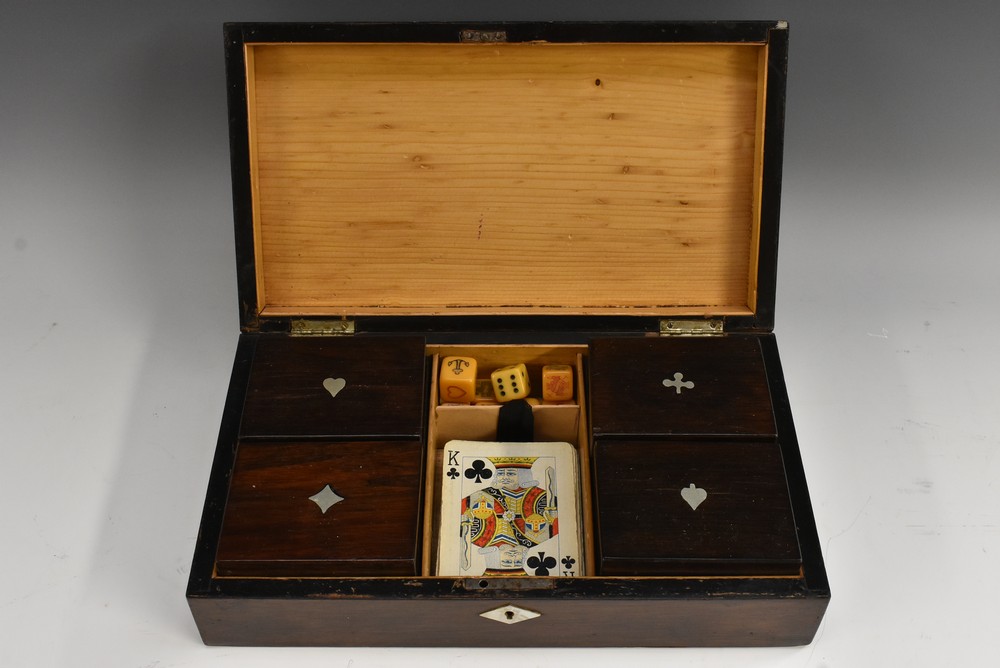 A 19th century rosewood and mother of pearl marquetry domed rectangular playing card box,