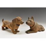 19th century French papier mâché nodding model, of a dog, 29cm long; another,