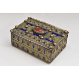 An Indian silver coloured metal and enamel rectangular box,