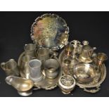 Metalware - a silver plated galleried tray; a plated candlestick; a pewter tankard; others,
