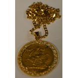 An Edward VII full sovereign pendant necklace, 9ct gold multi layer mount,