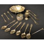 A set of six Continental silver pickle forks, marked 800; a Continental silver shaped circular bowl,
