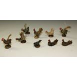 Miniature Birds - a hand made painted composite and feather model cockerel; others similar,