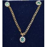 A Diamond and green blue tourmaline pendant and earrings set, flat link 9ct gold chain,